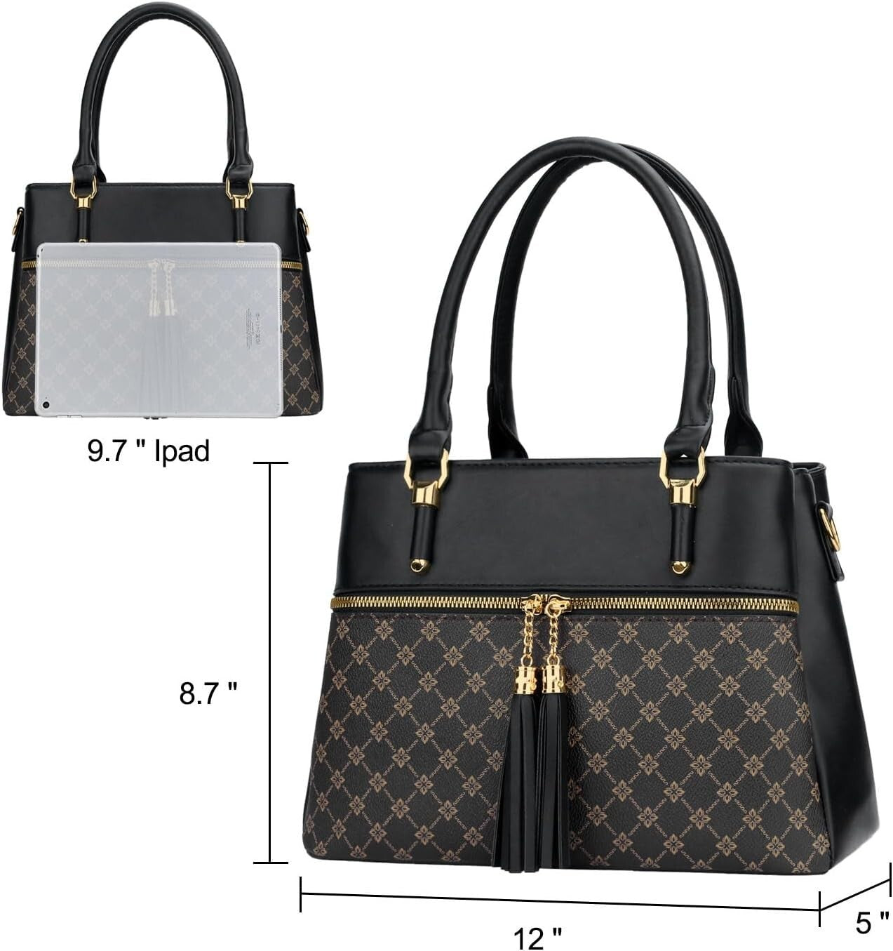 Women's PU Leather Satchel Crossbody Purse 3 Zip Tassel