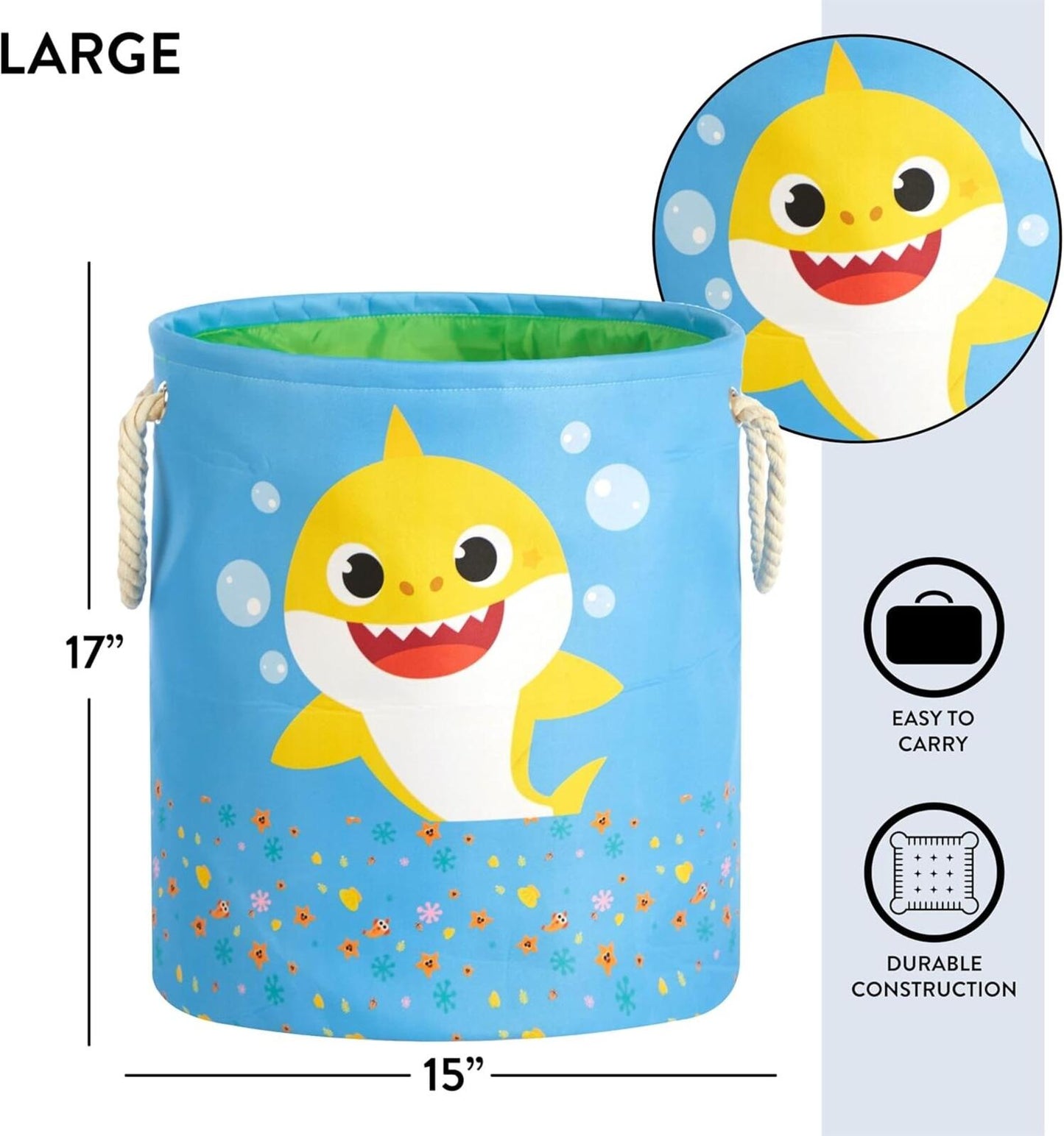 Baby Shark 3-Piece Nestable Toy Storage Baskets Multi-Size Fabric w/ Handles