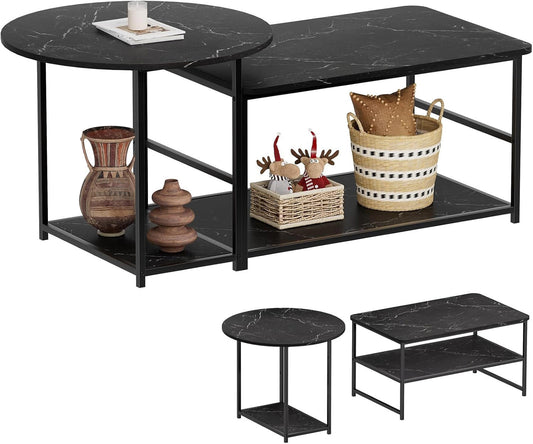 2-in-1 Black Marble Coffee Table with Storage, Modern Living Room Table