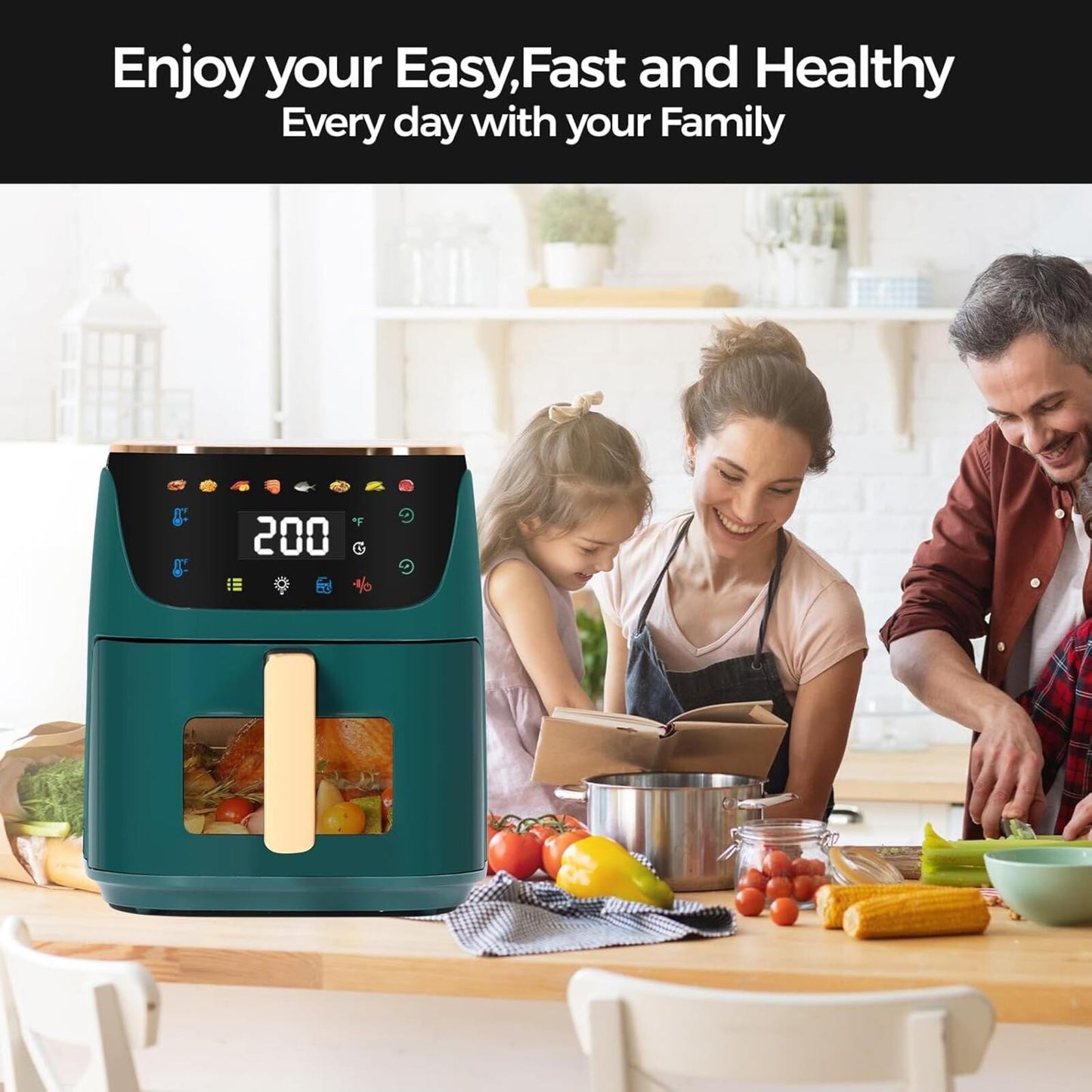 8Qt Large Air Fryer Digital Touch 8 Presets Nonstick Dishwasher Safe Green