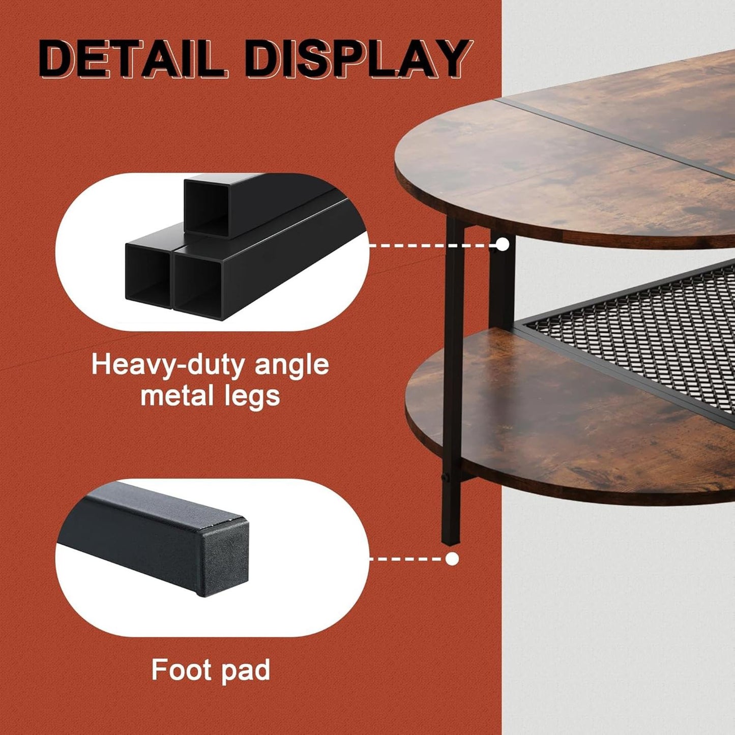 Oval 2-Tier Coffee Table, Rustic Wood & Metal, Vintage Brown, Modern