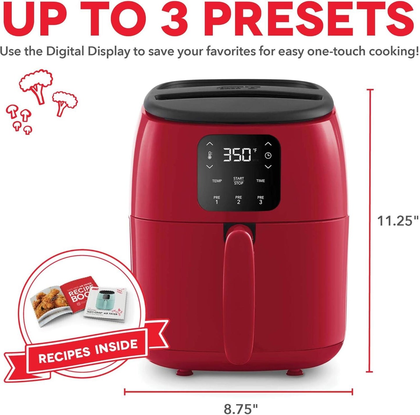 Tasti-Crisp Electric Air Fryer Oven 2.6 Qt Digital 1000W Compact Red