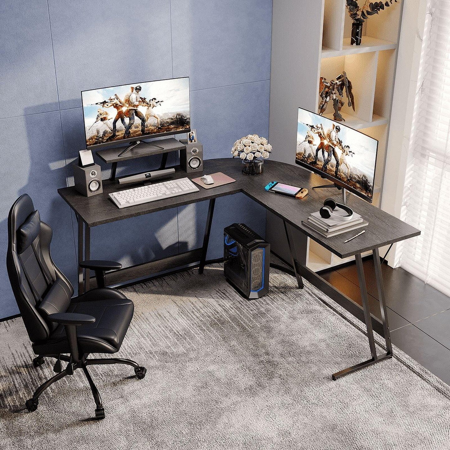 51" L-Shaped Gaming Desk Corner Office with Removable Monitor Riser Black