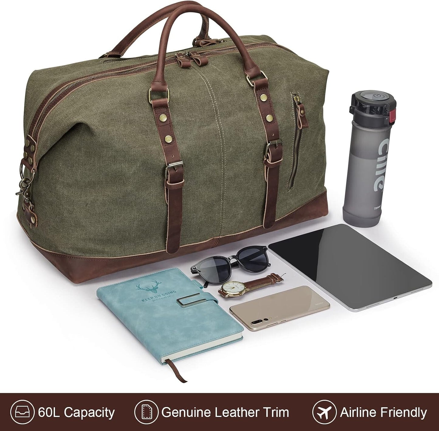 Canvas Travel Duffel Bag Leather Trim Carry On Weekender