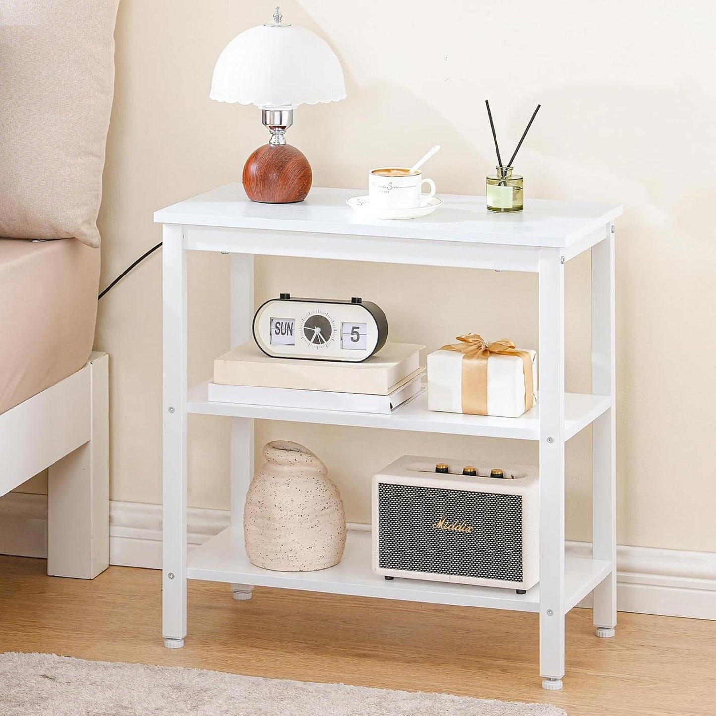 Rustic 3-Tier End Table Nightstand Narrow Side Table White
