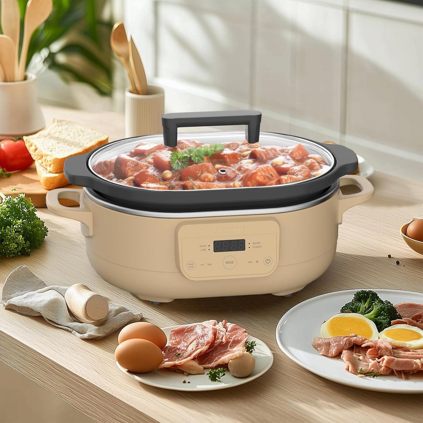 6Qt Programmable Slow Cooker Nonstick Removable Pot Brown Sugar Serves 6+