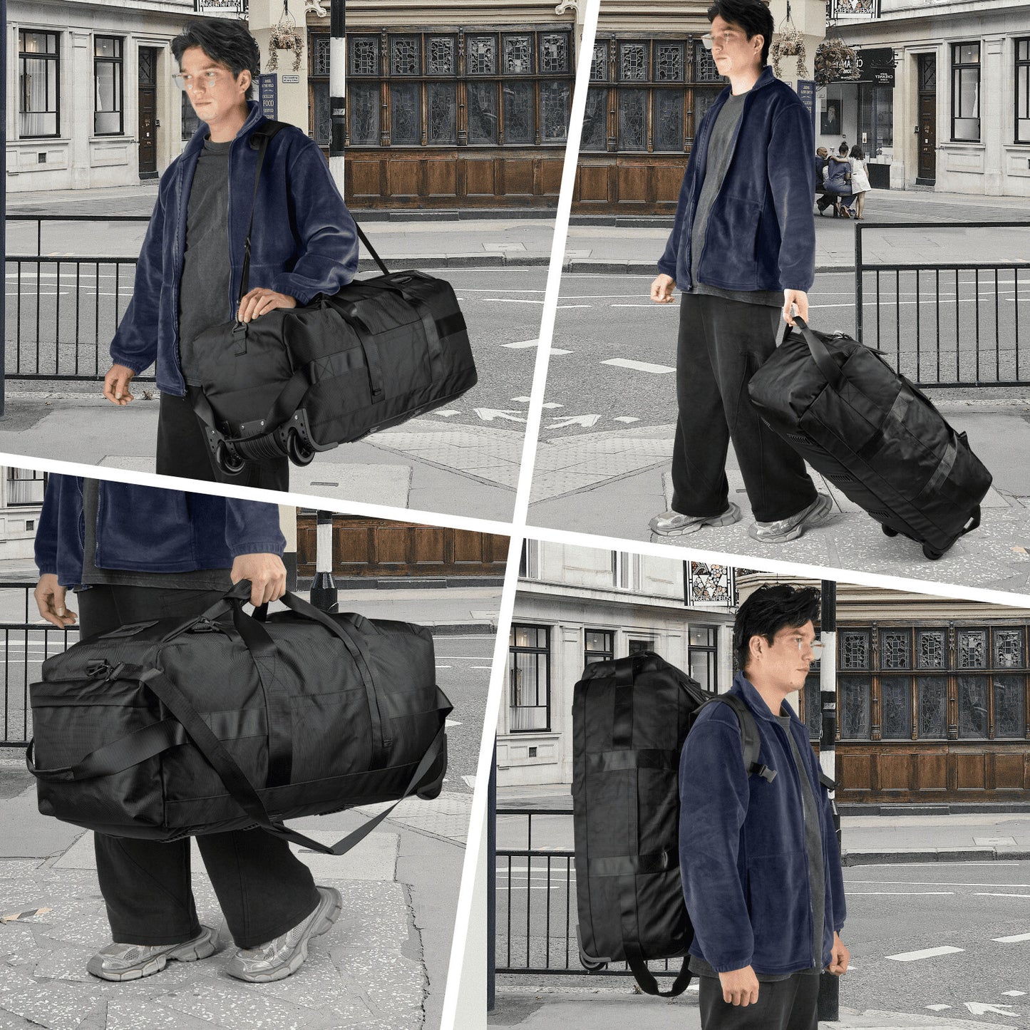 90L Foldable Rolling Duffel Bag Wheels Waterproof Travel Black