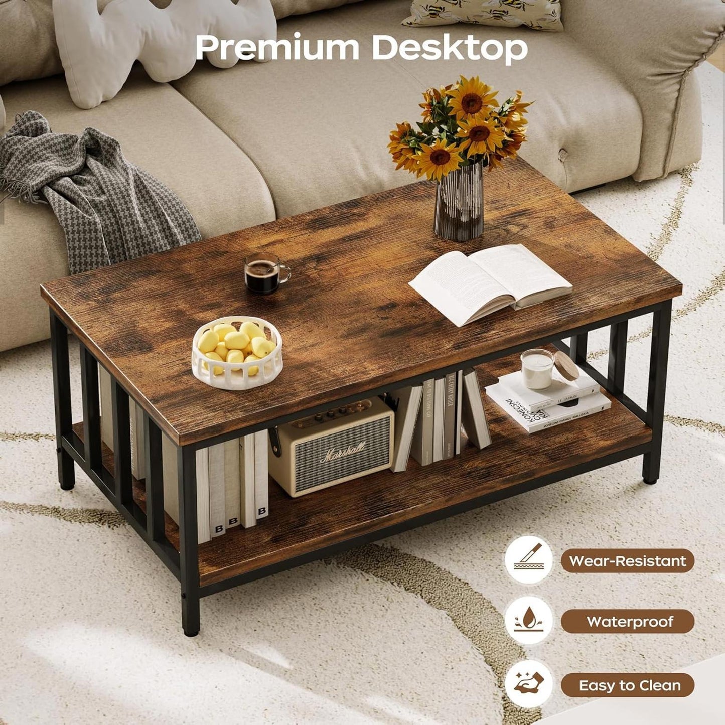 Modern Farmhouse Coffee Table 39" with 2-Tier Storage, Rustic Brown