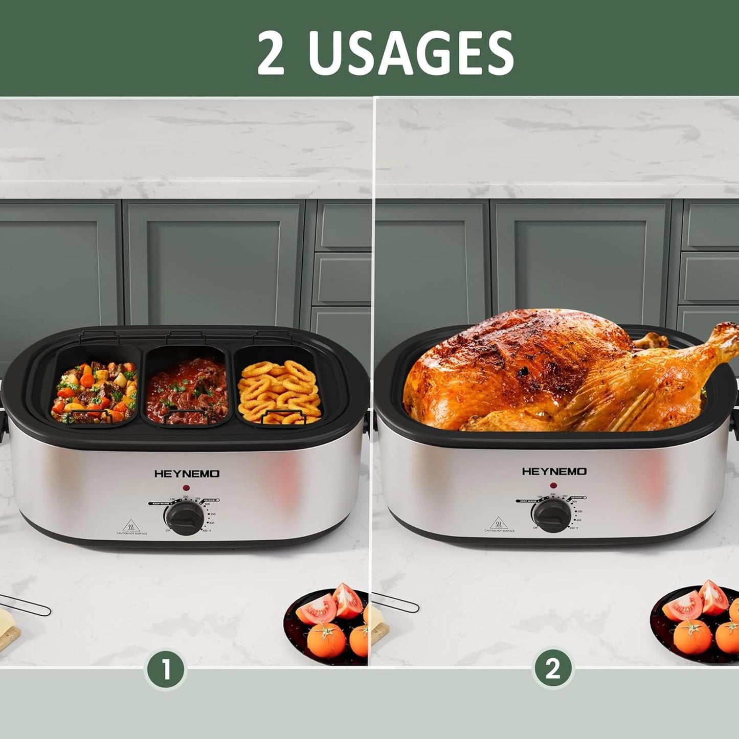 24Qt Electric Roaster Oven Stainless Steel 3-Compartment Turkey Removable Rack