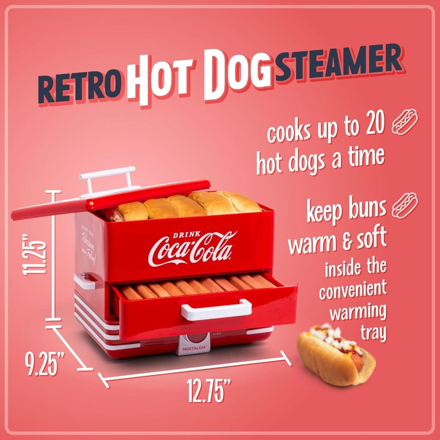 Coca-Cola XL Hot Dog Steamer 24 Dog 12 Bun Cooker Sausage Veggie Red