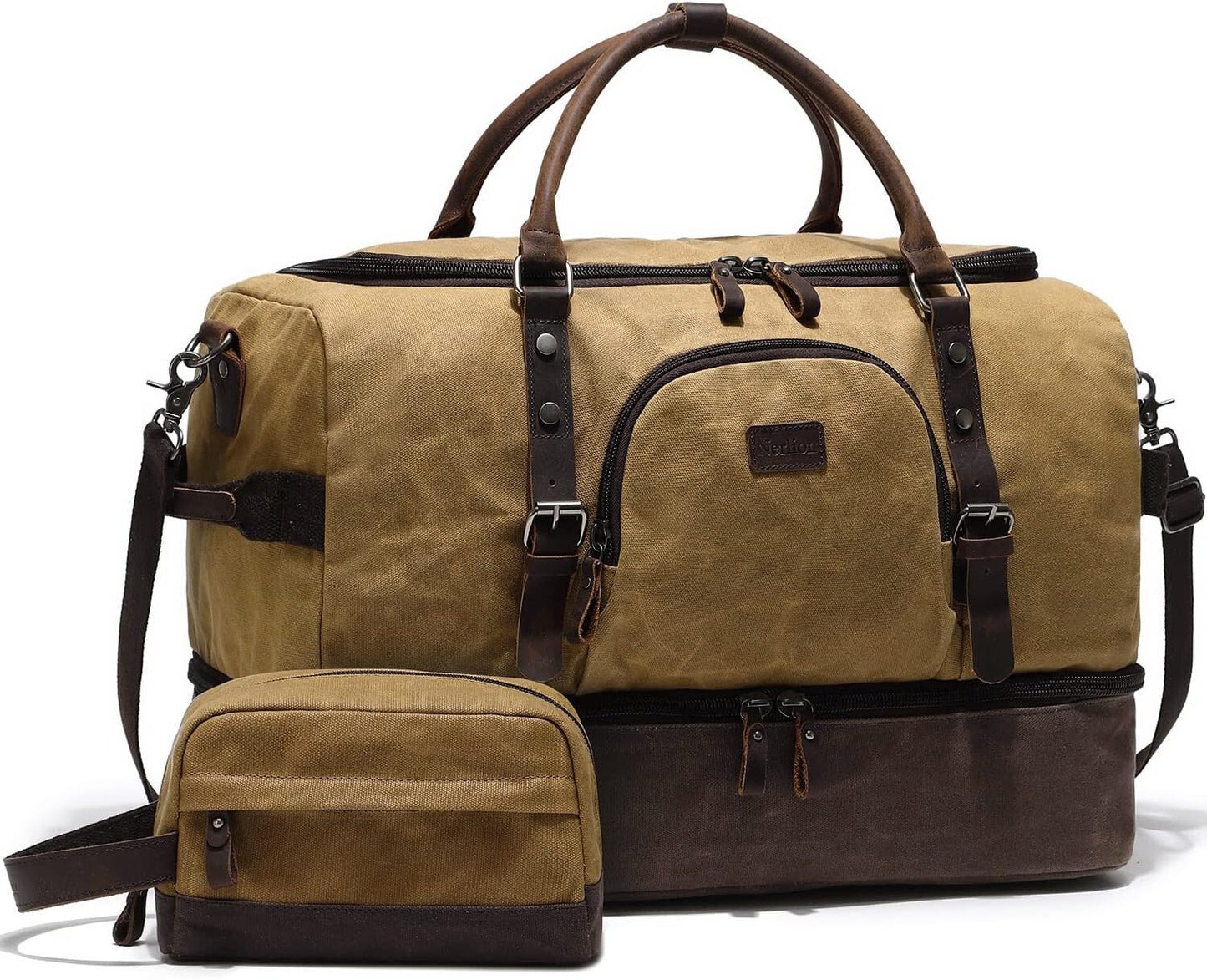 Nerlion Men's Canvas Leather Weekender Duffel Shoe Bag Brown