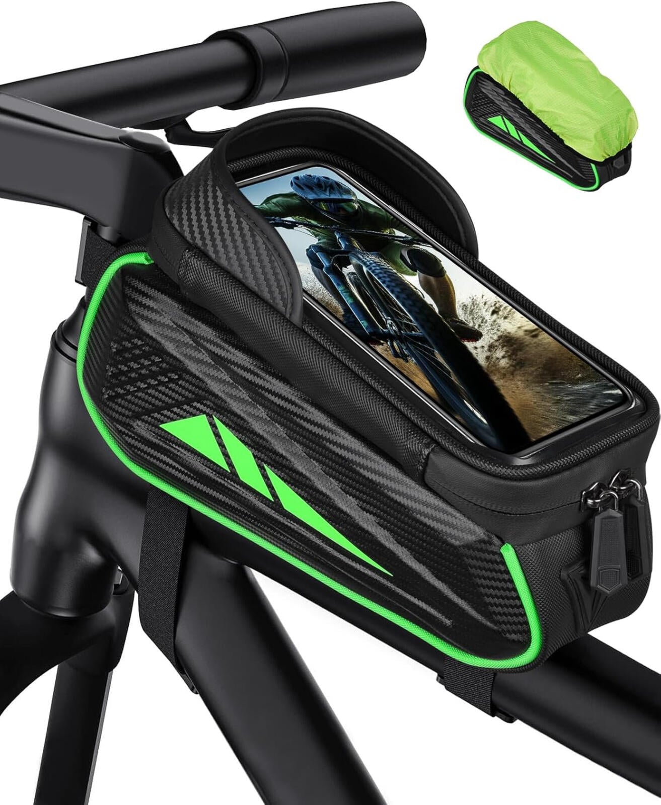 Waterproof Bike Phone Holder Bag Green Frame Pouch Touchscreen Fits 7" Phones