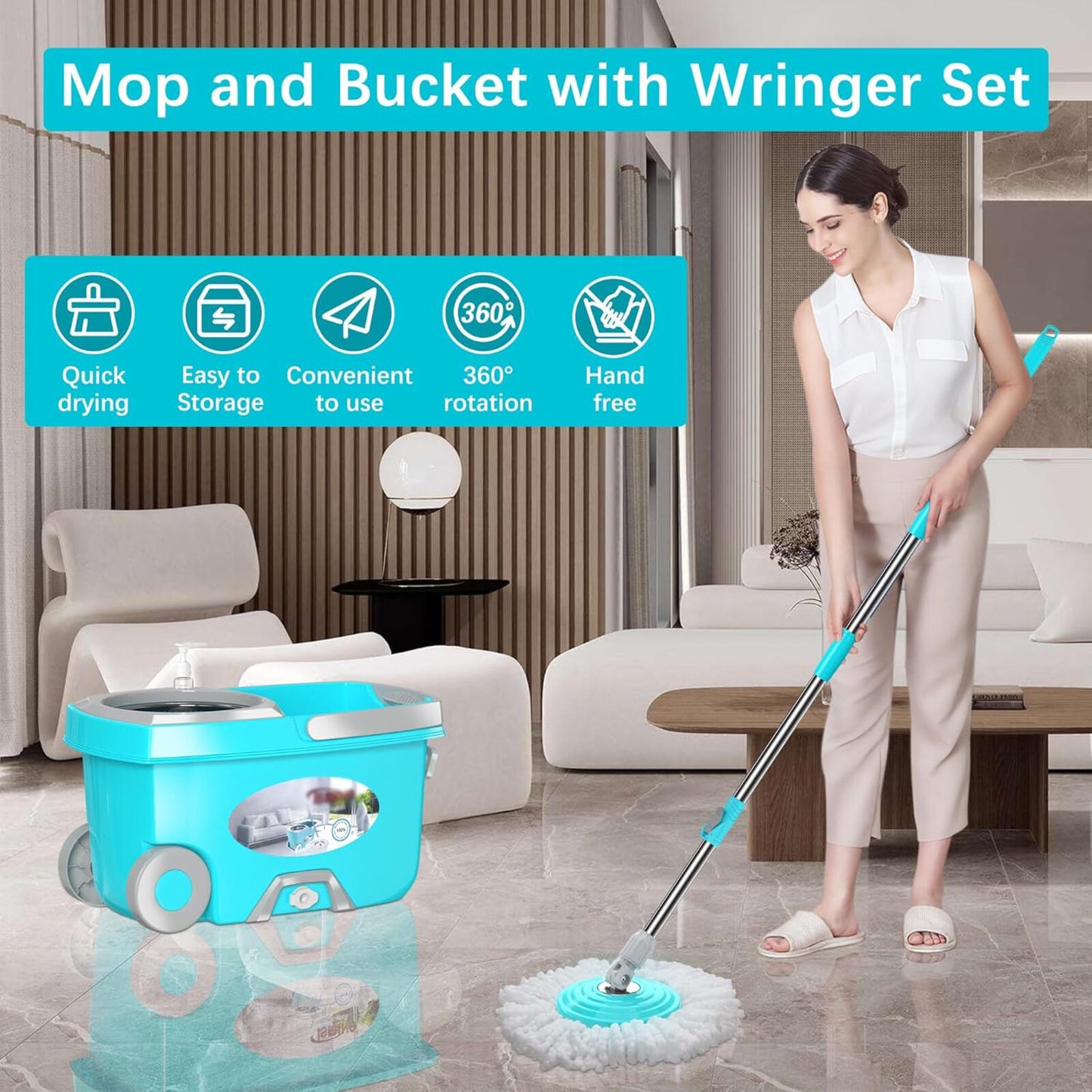 Funclean Spin Mop and Bucket,Mop and Bucket with Wringer Set for Home,360 Spinni