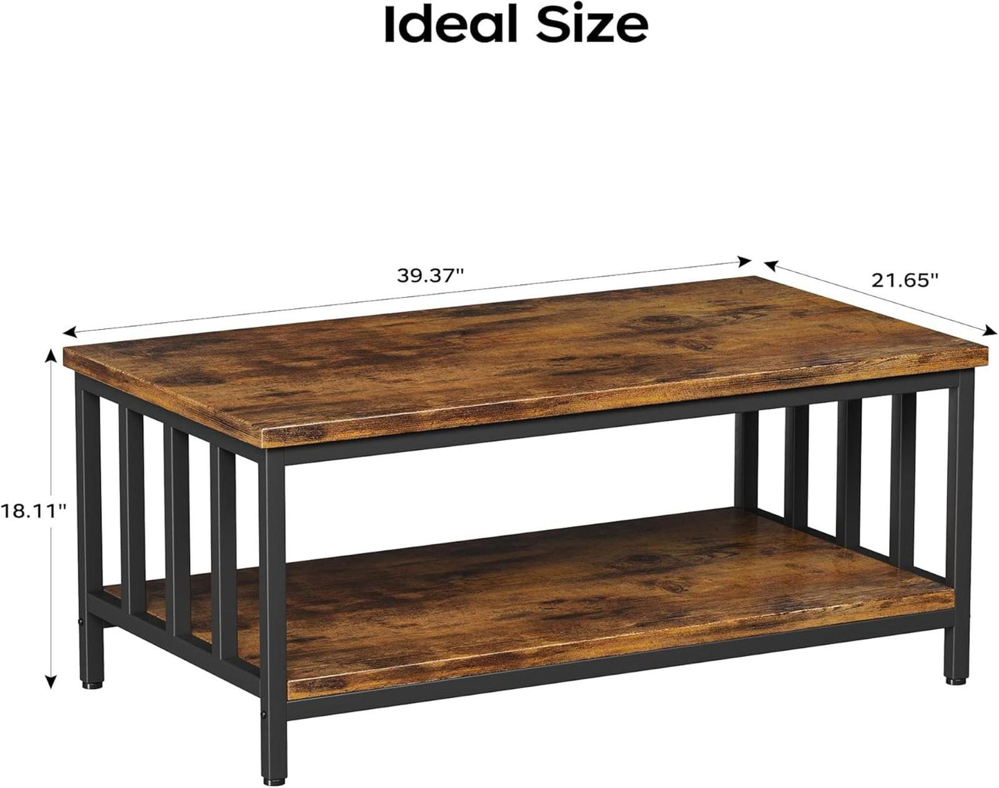 Modern Farmhouse Coffee Table 39" with 2-Tier Storage, Rustic Brown