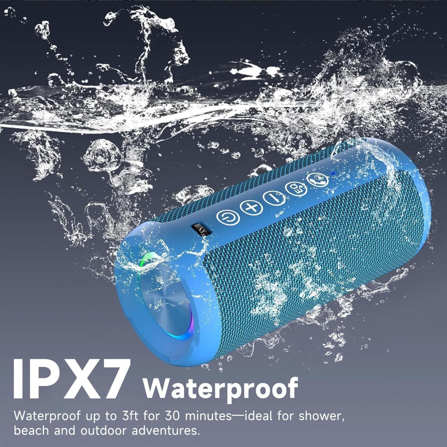 24W Bluetooth Speaker, IPX7 Waterproof, Deep Bass, RGB Lights, 30H Playtime