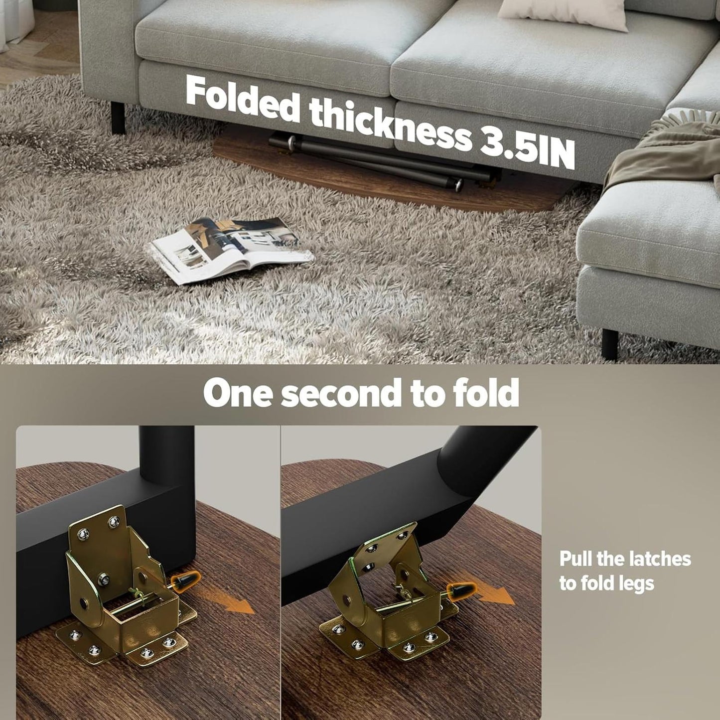 Brown Folding Coffee Table 39.3" Portable Rectangular Living Room Table