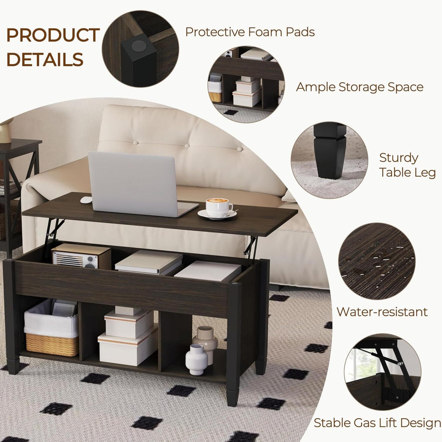 41" Lift Top Coffee Table w/ Storage Hidden Compartment Shelf Espresso