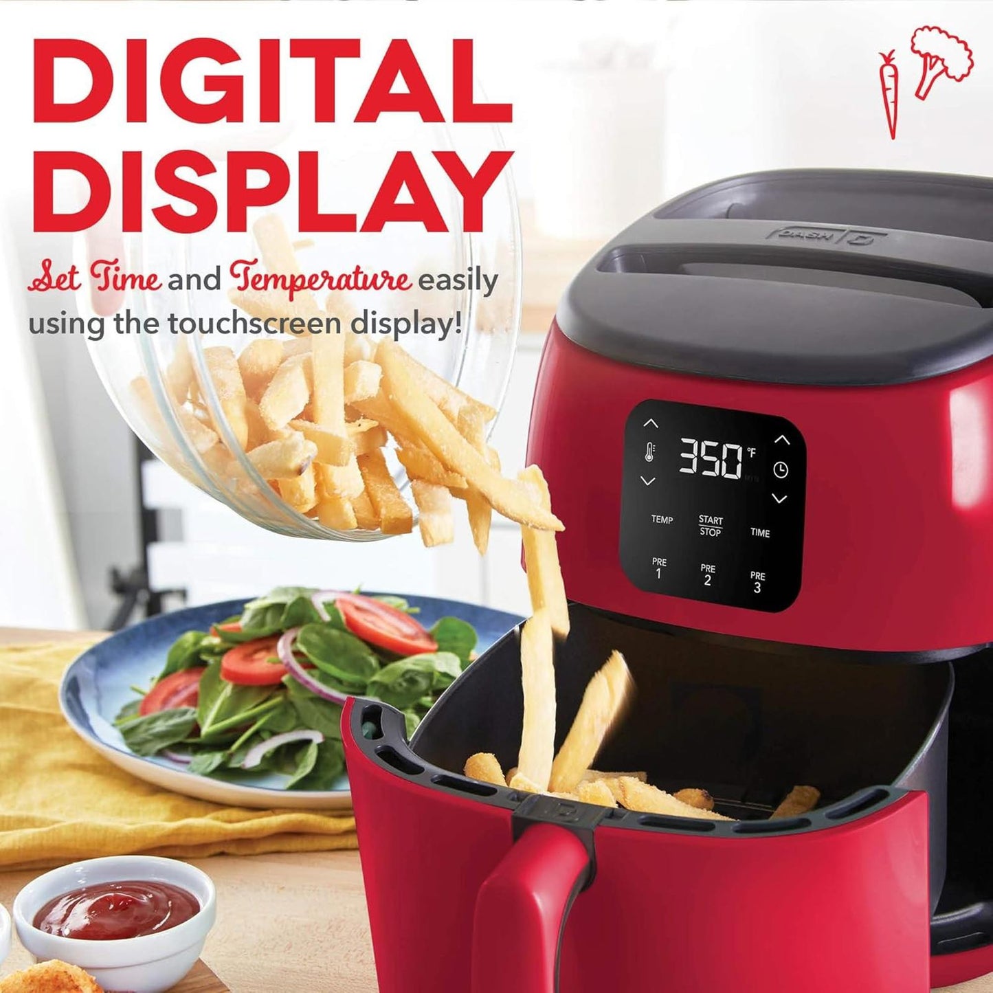 Tasti-Crisp Electric Air Fryer Oven 2.6 Qt Digital 1000W Compact Red