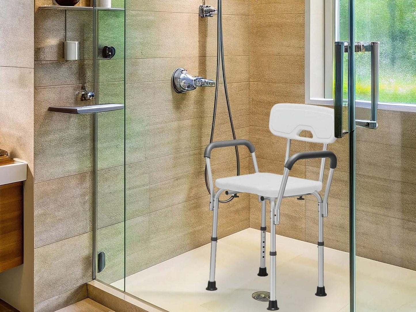Height Adjustable Shower Chair with Arms & Back, 300lb Bath Seat for Adults