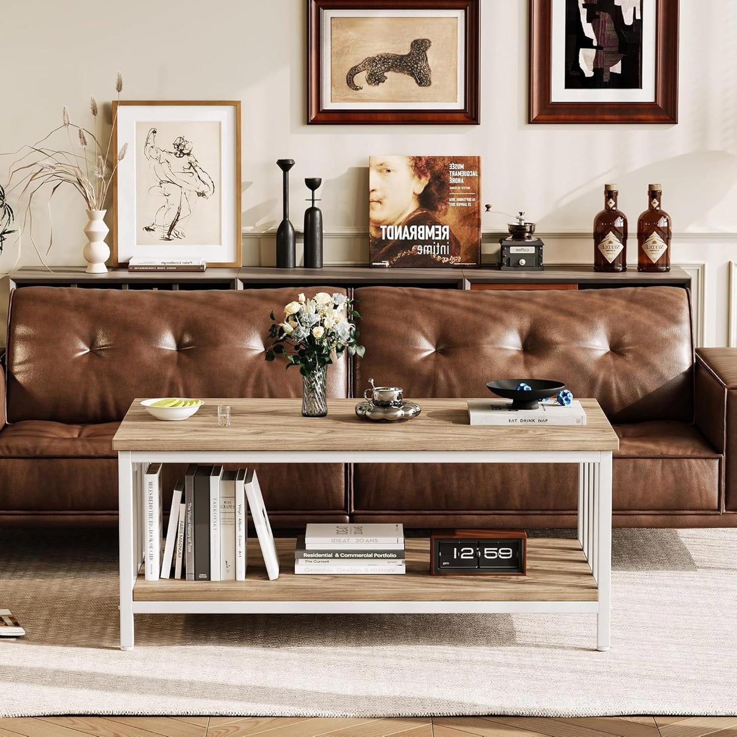 Light Coffee Modern Farmhouse Coffee Table, 39", Two-Tier Storage Design