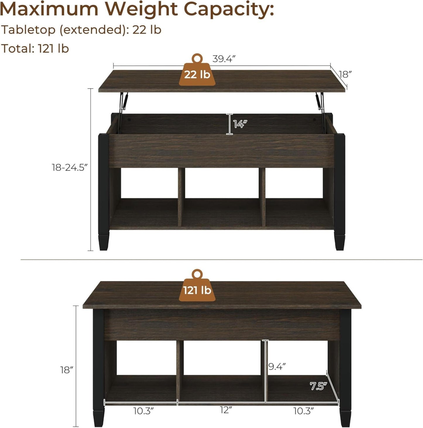 41" Lift Top Coffee Table w/ Storage Hidden Compartment Shelf Espresso
