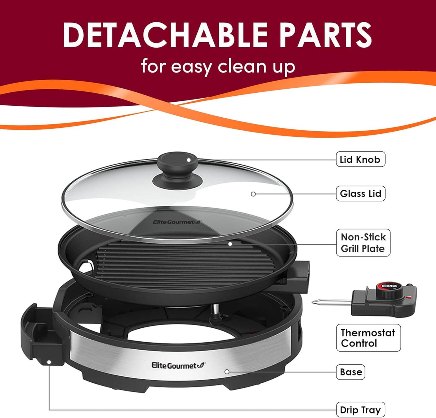 EMG6505G 12" Smokeless Indoor Electric BBQ Grill w/ Glass Lid Nonstick