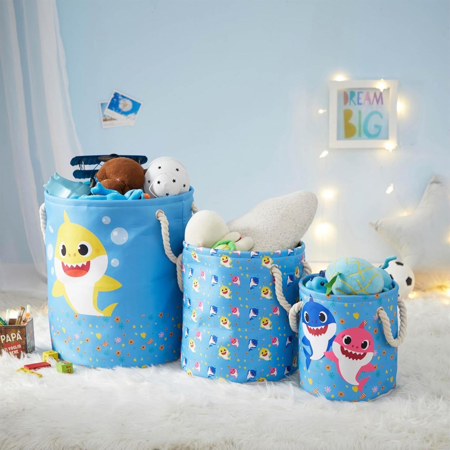 Baby Shark 3-Piece Nestable Toy Storage Baskets Multi-Size Fabric w/ Handles