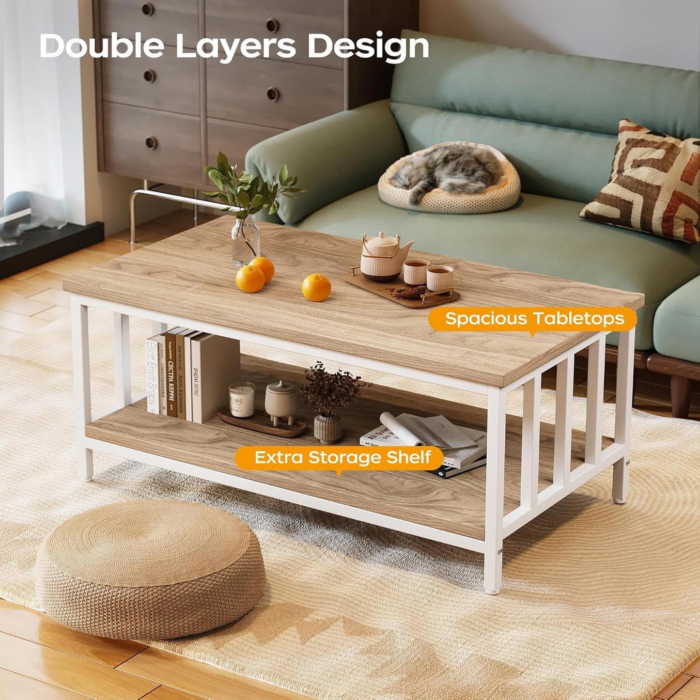 Light Coffee Modern Farmhouse Coffee Table, 39", Two-Tier Storage Design