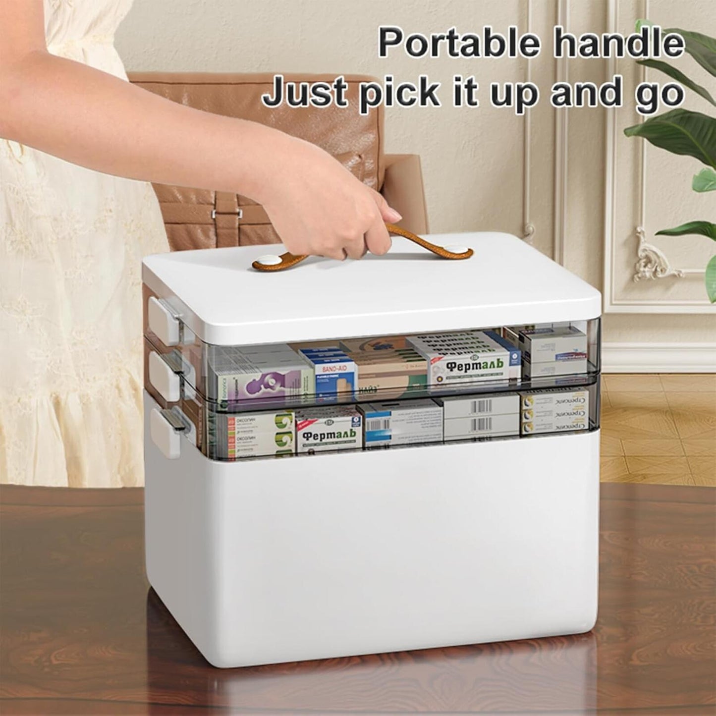 3-Tier Medicine Organizer - Portable Medicine Cabinet with Leather Handle, Empty