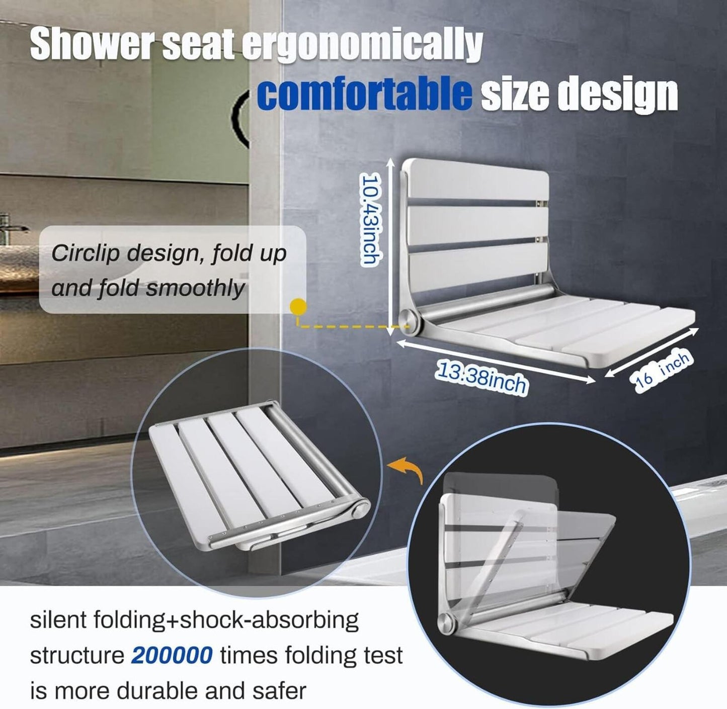 16" Foldable Wall-Mount Shower Seat Bench for Adults 400lb White