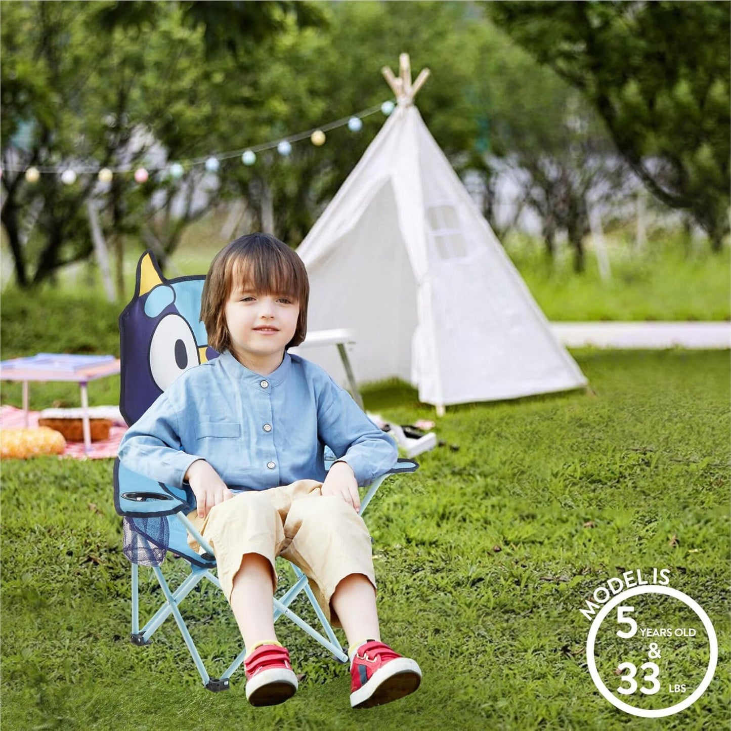 Blue Kids Folding Camp Chair Portable Indoor Outdoor High Back Cup Holder 3+