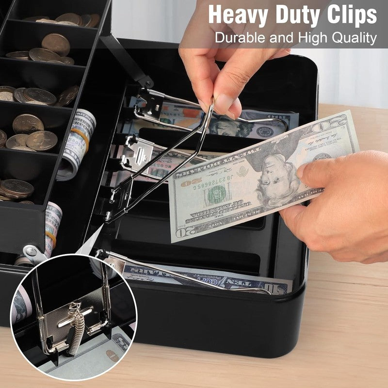 XL Locking Cash Box with Key, Cash Tray & Coin Slots - Black Organizer2