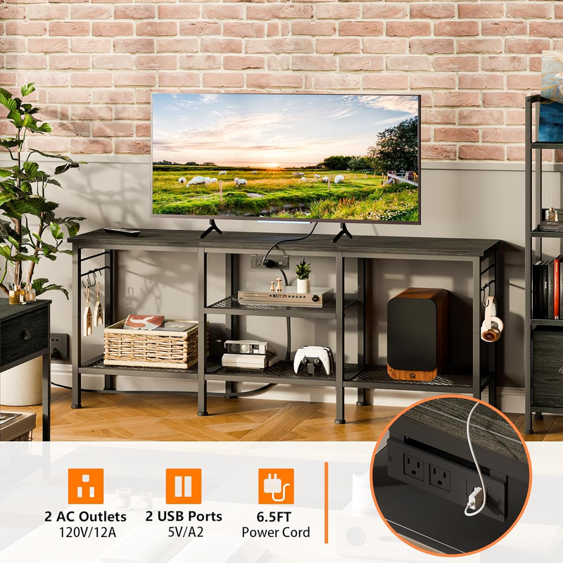 TV Stand with Power Outlets, Entertainment Center with Open Storage Shelves for 2