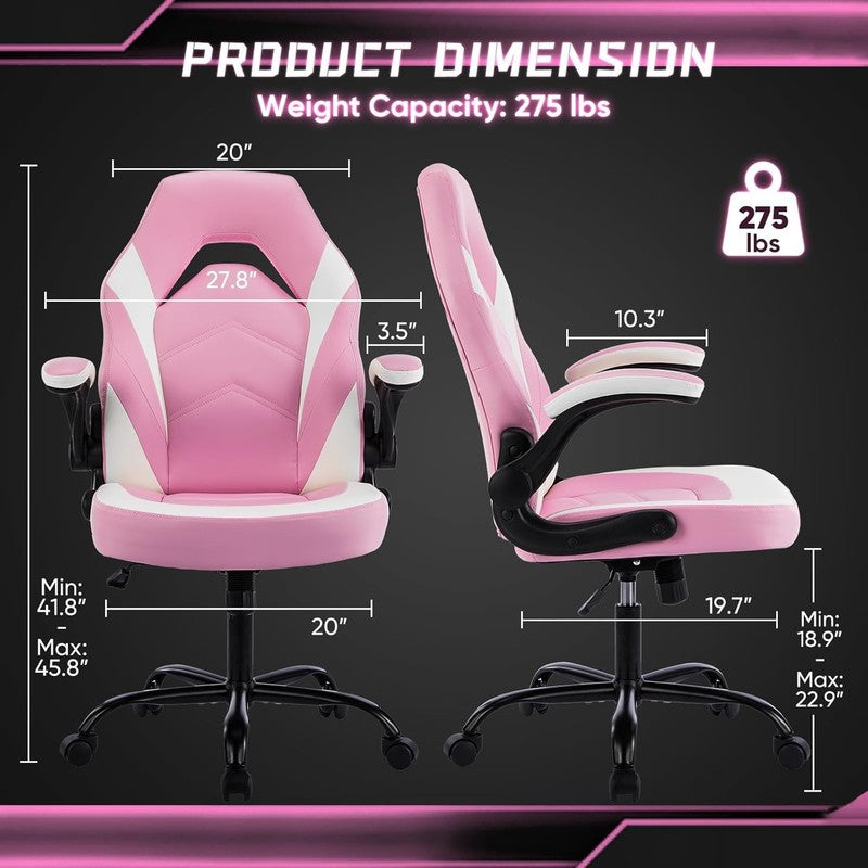 Pink Ergonomic Gaming Chair with Adjustable Height & Flip-Up Armrests2