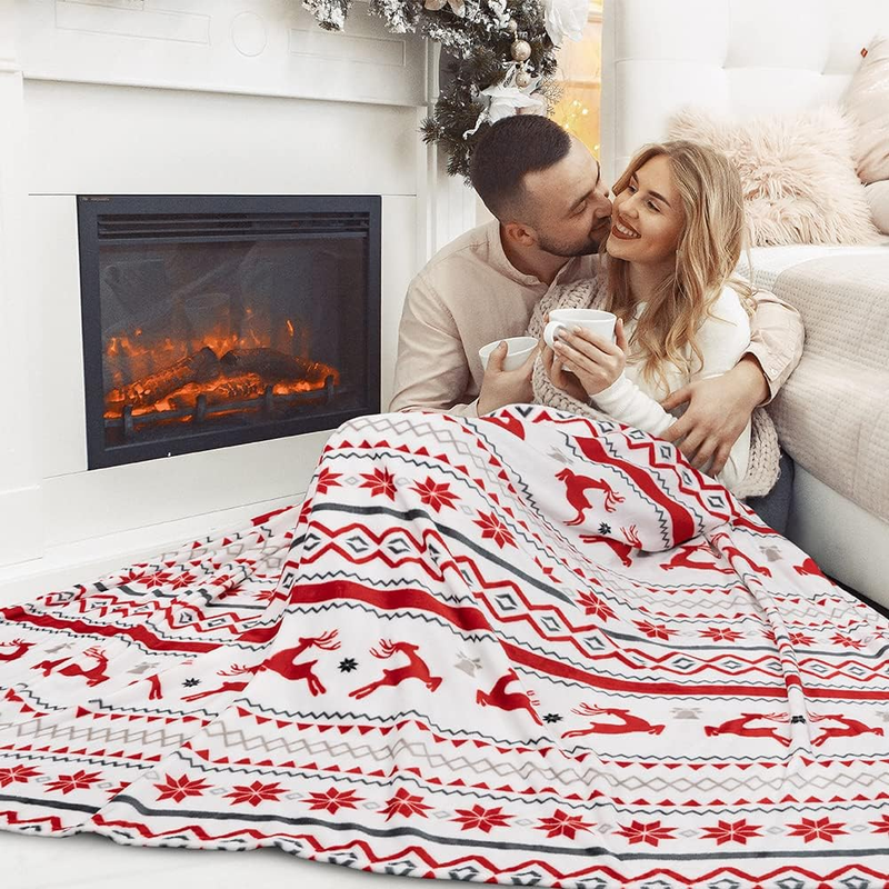 Christmas Throw Blanket White Reindeer Snowflake Fleece Soft Warm Plush 50"x60"4