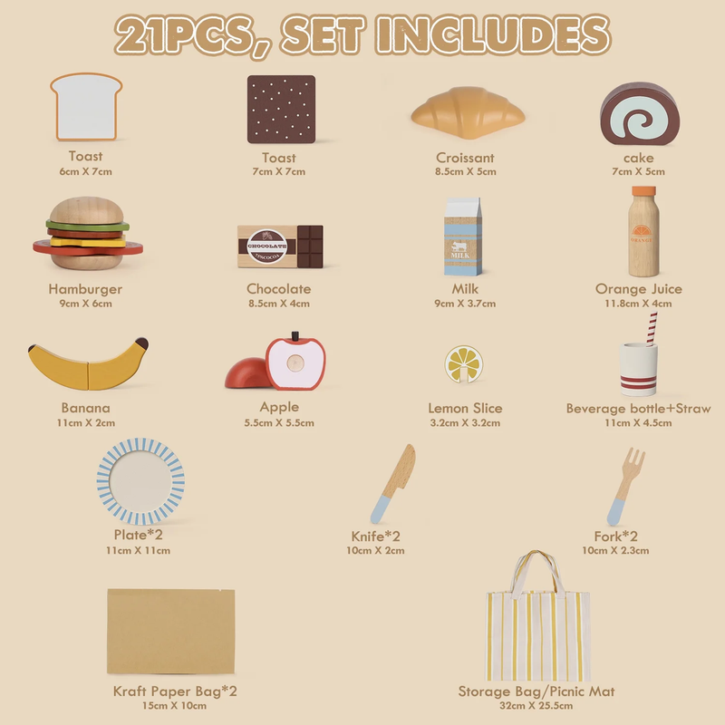 Wooden Play Food Sets for Kids Kitchen, Food Toys for Toddlers 3 5, Pretend Picn2