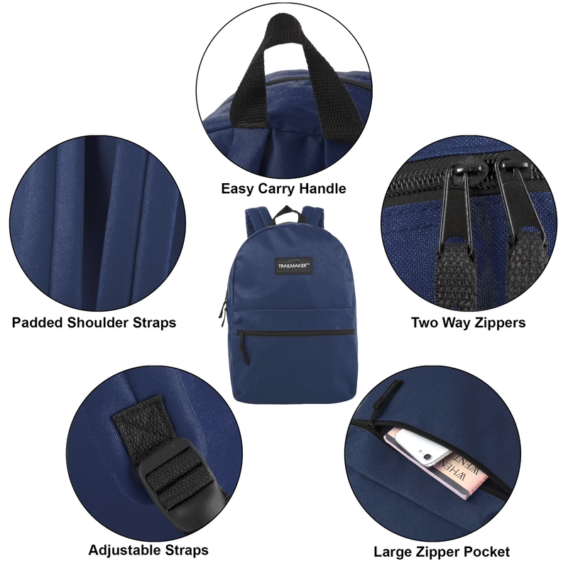 Navy Blue Classic Backpack 17" Dual Zipper Travel Bookbag1
