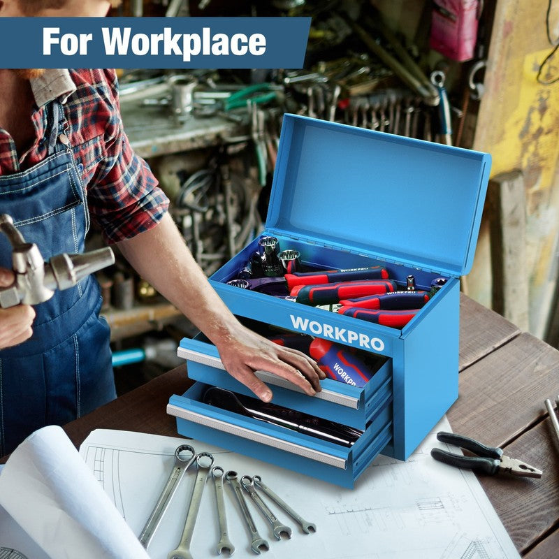 Mini Metal Tool Box with 2 Drawers and Top Storage, Small Tool Chest with PVC Li2