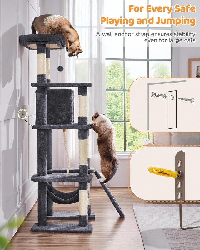 Large Multi-Level Cat Tree, 63 Inches Tall with Sisal-Covered Scratching Posts, 8