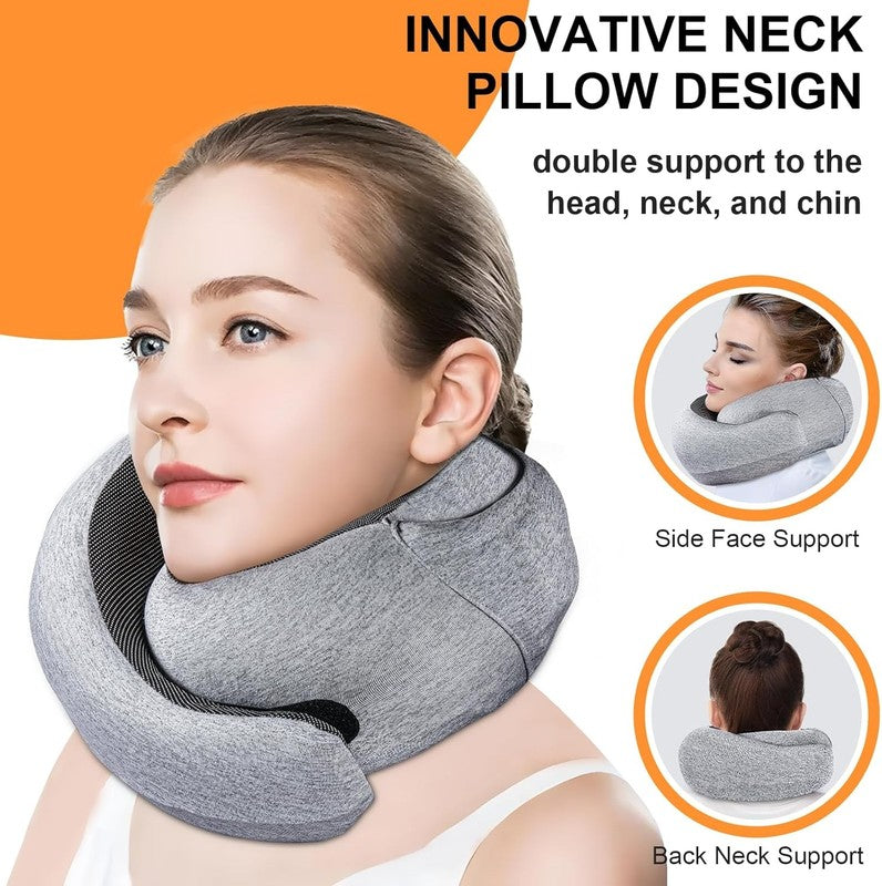 Hooded Memory Foam Travel Neck Pillow w/ Eye Mask & Earplugs – Light Gray3