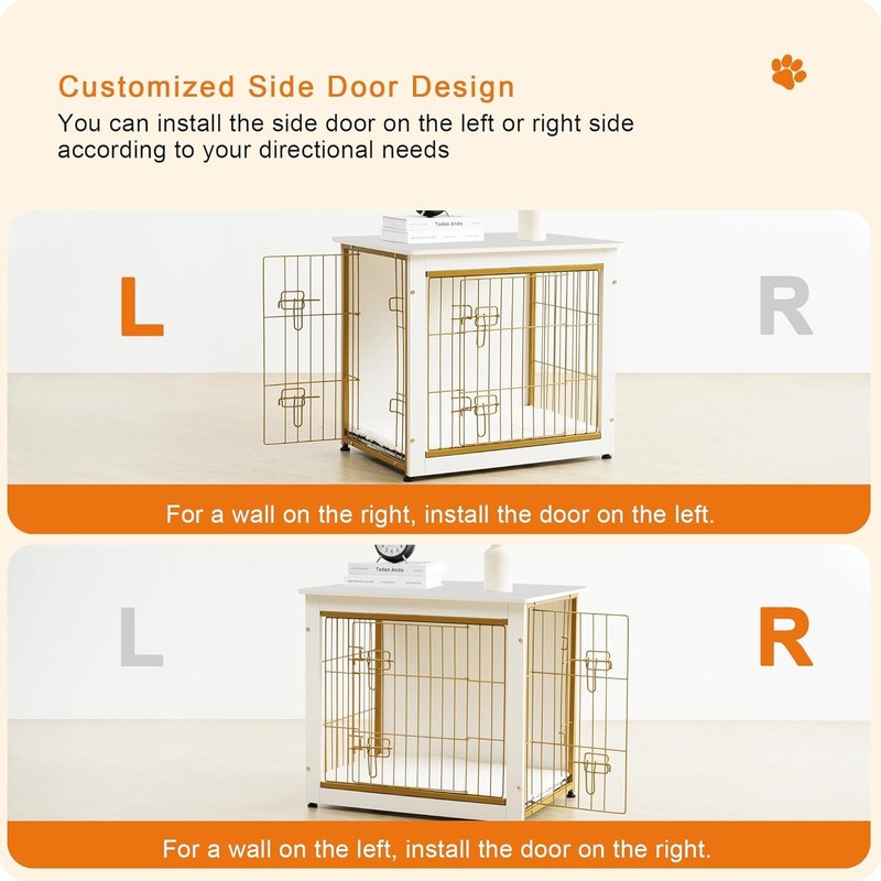 Dog Crate Furniture Table w/Cushion Wooden Kennel Double Door 27.2" White3