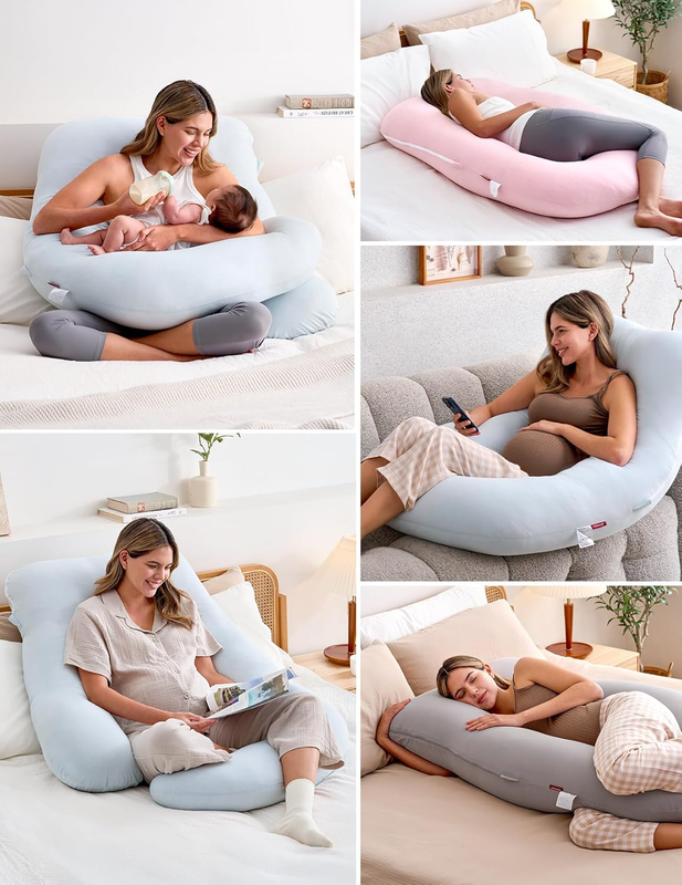 57in U Shaped Pregnancy Pillow Full Body Maternity Jersey Cotton Blue6