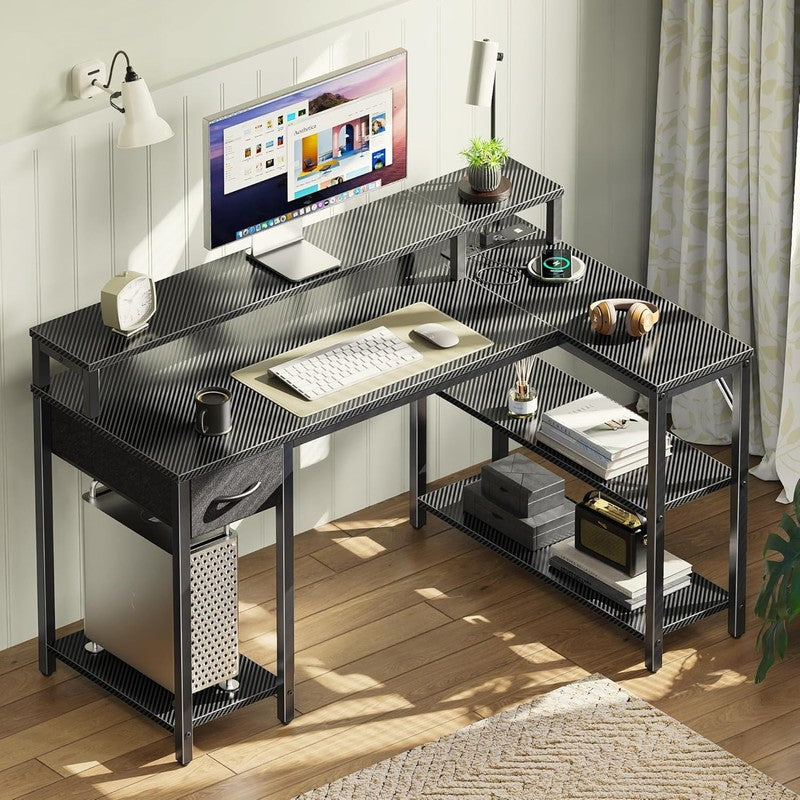 47'' L Shaped Gaming Desk LED Lights Power Outlets Reversible Black6