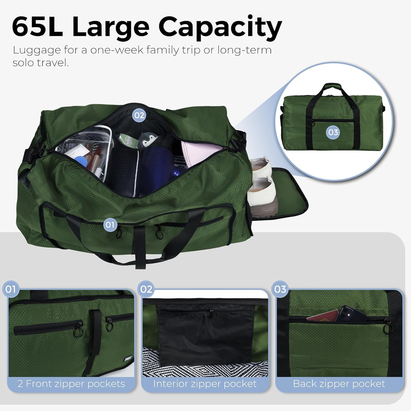 65L Travel Duffel Bag Foldable w/ Shoe Compartment Water Resistant Gray3