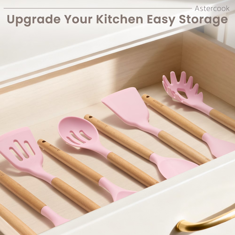 38PCS Silicone Kitchen Utensil Set Wooden Handle Heat Resistant Pink7