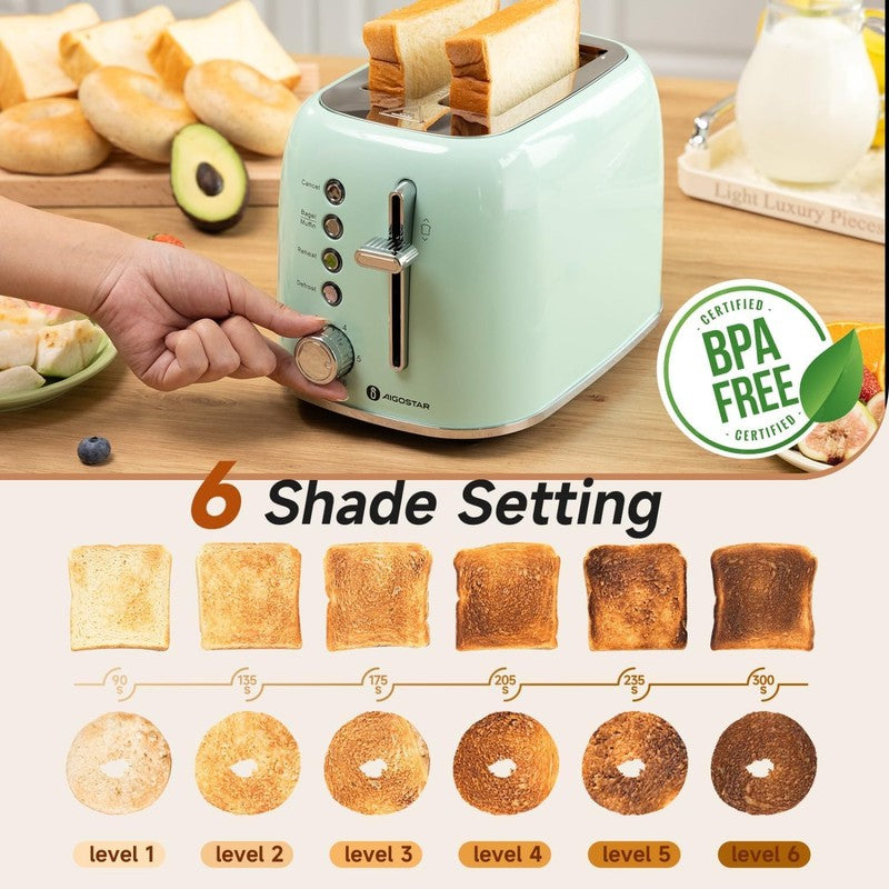 Retro 2 Slice Toaster Aqua Green - Wide Slots, Bagel, Defrost, 6 Shade2