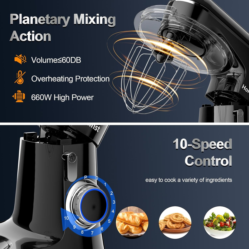 6.5QT Stand Mixer 10 Speed Tilt Head Kitchen Mixer Black Dough Hook Set3