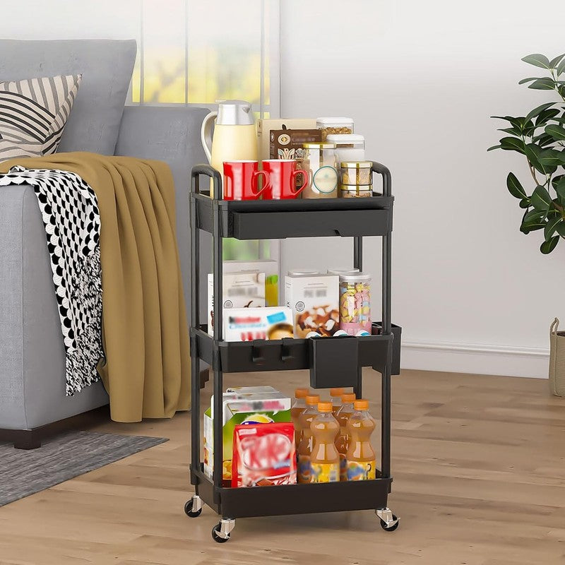 3-Tier Rolling Utility Cart with Drawer & Hooks, Black Storage Organizer7