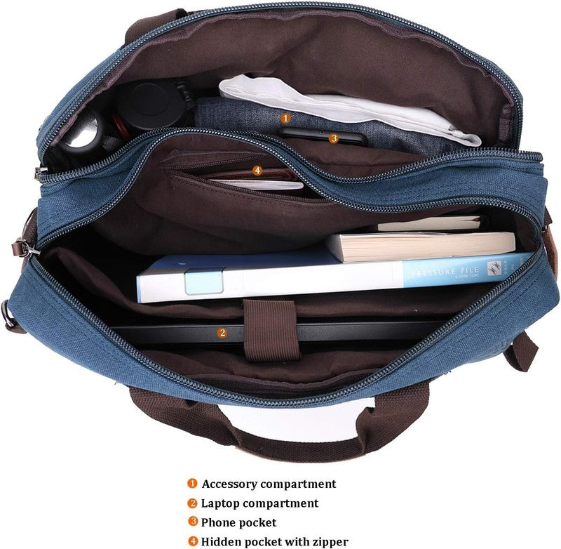 3 in 1 Canvas Laptop Bag 17.3 Inch Convertible Briefcase Multi Pocket Blue5