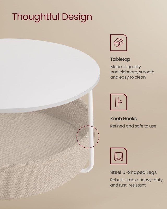 Round Coffee Table with Storage Basket, Metal Frame, Matte White & Camel Brown3
